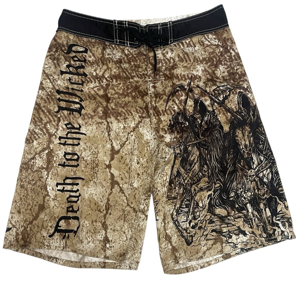 Apprime “Death To The Wicked” Brown Y2K Swim Surf Board Shorts Men’s Size S